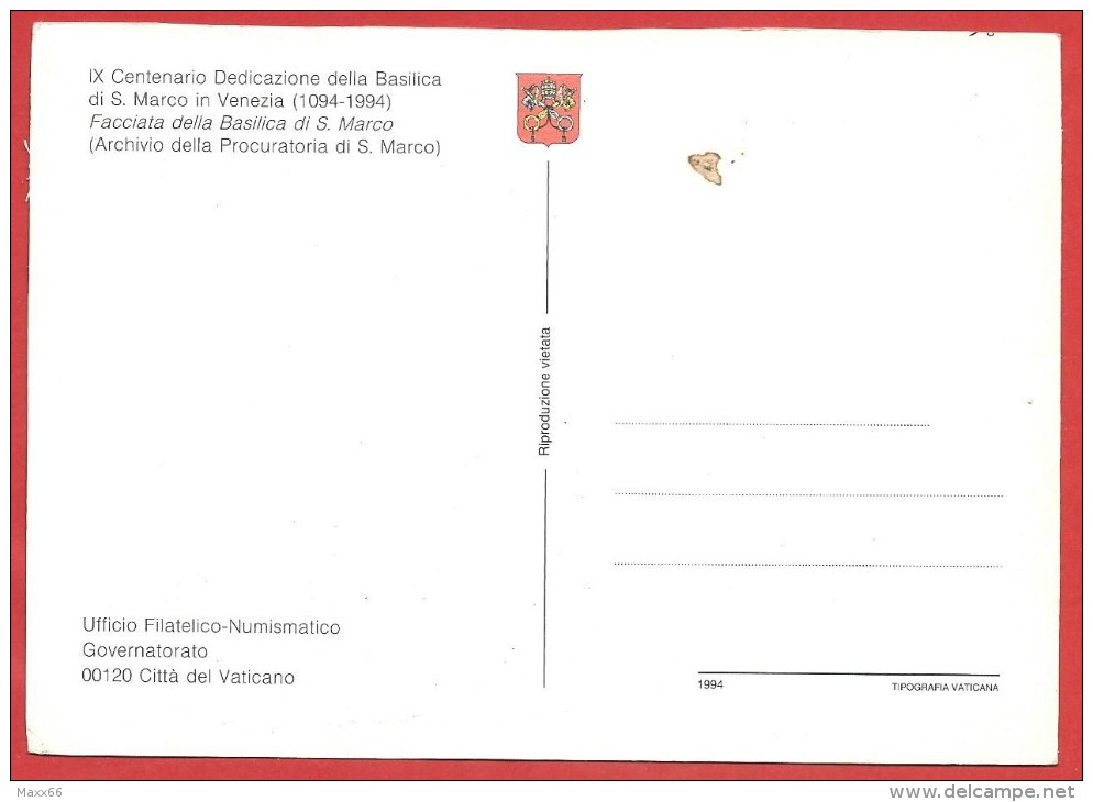 CARTOLINA NV VATICANO - IX Centenario Dedicazione Basilica S. Marco In Venezia - 10 X 15 - Vaticano