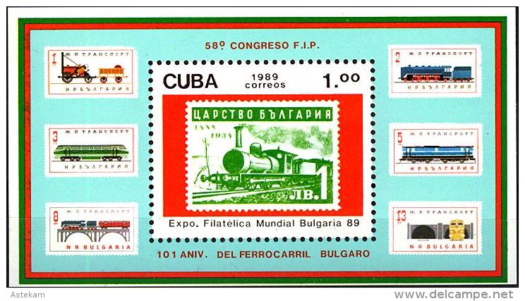 CUBA 1989, TRANSPORT, HISTORY Of The TRAINS, LOCOMOTIVES, MNH BLOCK With GOOD QUALITY - Neufs