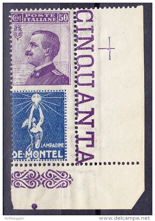 Italien 1924 Sass.#12b ** 50Cent Violett Mit Werbung "De Montel" Blau ** Attest Raybaudi - Timbres Pour Envel. Publicitaires (BLP)