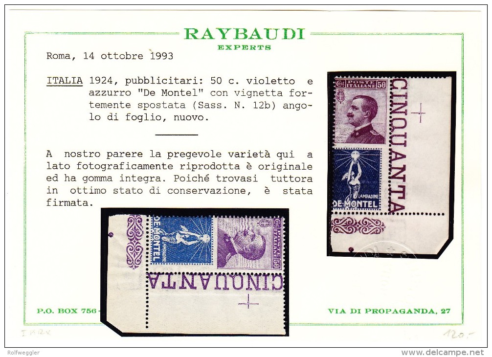 Italien 1924 Sass.#12b ** 50Cent Violett Mit Werbung "De Montel" Blau ** Attest Raybaudi - Timbres Pour Envel. Publicitaires (BLP)