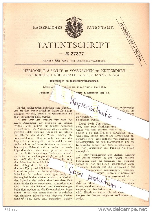Original Patent -  H. Baumotte In Voßnacken B. Velbert , R. Nöggerath In St. Johann A.d. Saar ,1883, Wasserkraftmaschine - Historische Dokumente