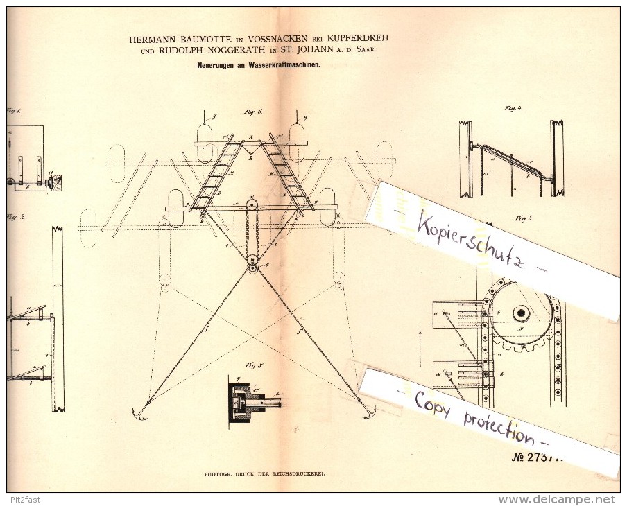 Original Patent -  H. Baumotte In Voßnacken B. Velbert , R. Nöggerath In St. Johann A.d. Saar ,1883, Wasserkraftmaschine - Historische Dokumente