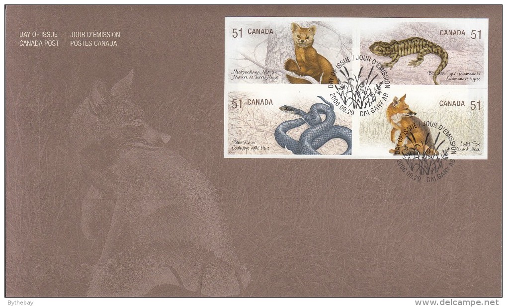 Canada FDC Scott #2177a Block Of 4 51c Newfoundland Marten, Blotched Tiger Salamander, Blue Racer Snake, Swift Fox - 2001-2010