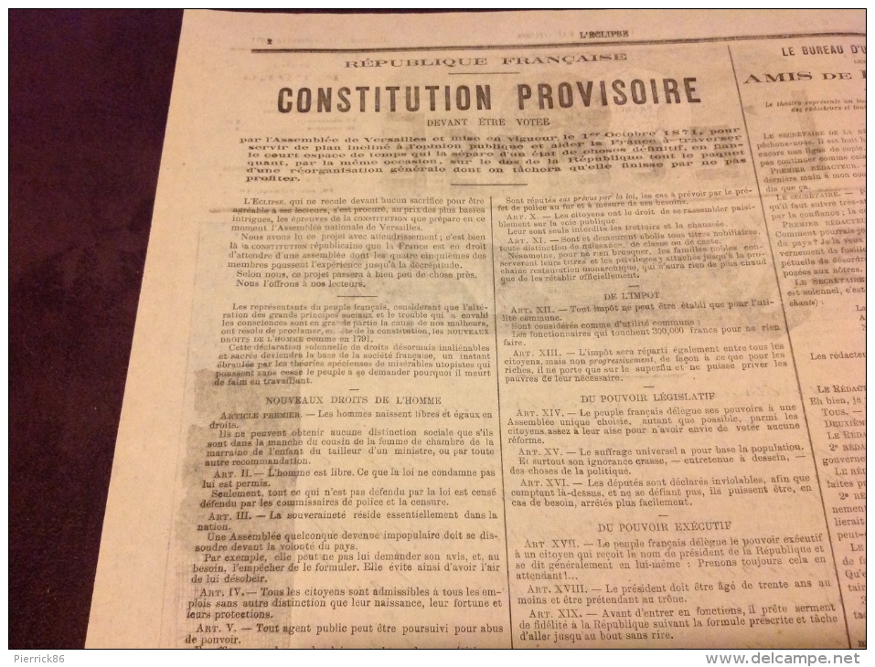 1871 Journal L´ÉCLIPSE N° 150 - PROBLÈME  Par MICHELET - CROQUIS D´ ÉTÉ Par Alfred LE PETIT - CONSTITUTION PROVISOIRE