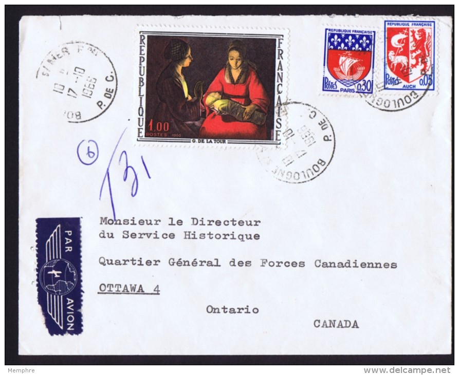 1966  Lettre Avion Pour Le Canada  Poids 15g - Tarif 1,35fr   G. De La Tour, Blasons - Postal Rates