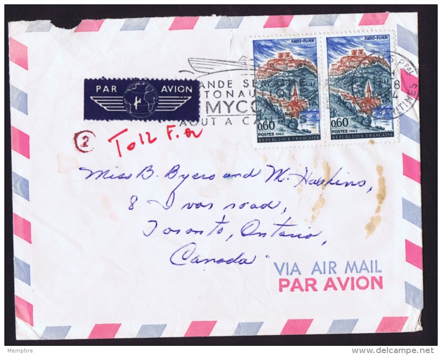 1964  Lettre Avion Pour Le Canada    St Flour  Yv 1392 X2 - Postal Rates