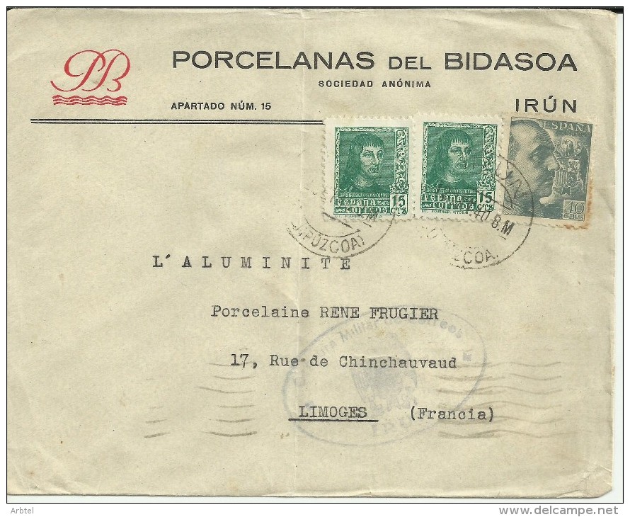 IRUN GUIPUZCOA CC PORCELANAS BIDASOA SELLOS FRANCO PERFIL MARCA CENSURA DE IRUN AL DORSO LLEGADA - Lettres & Documents