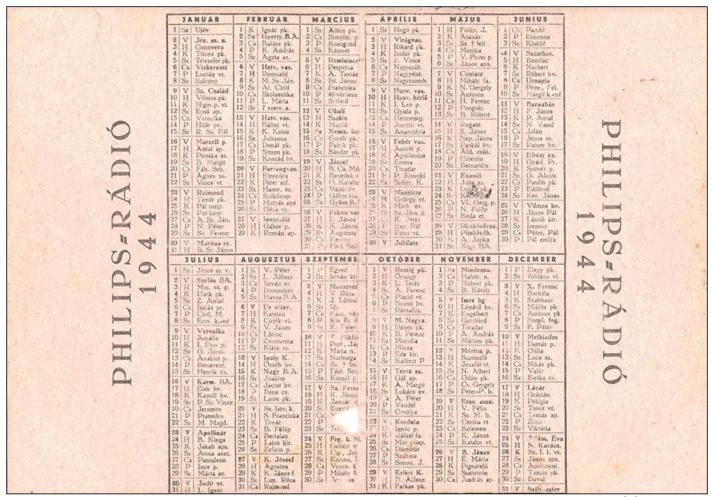 PHILIPS = RÁDIÓ  Kalender 1944 - Autres & Non Classés