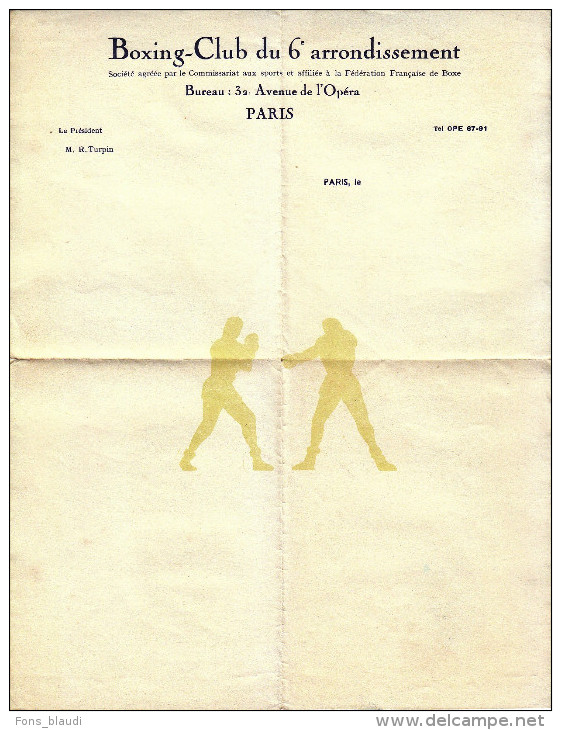 Vers 1950 - Boxing-Club Du 6ème Arrondissement Au 32 Avenue De L'Opéra à Paris 2ème - FRANCO DE PORT - Sport & Tourismus