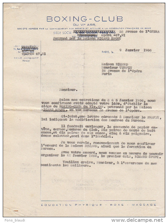 1956 - Boxing-Club Du 6ème Arrondissement Au 5 Rue Gozlin à Paris 6ème - FRANCO DE PORT - Sport & Tourismus