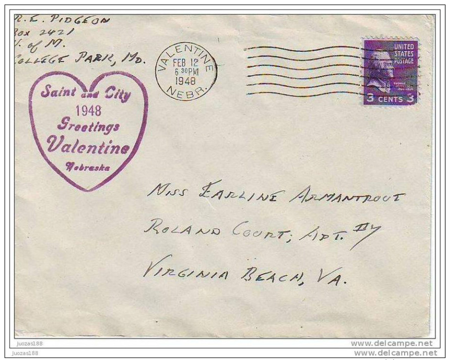 USA 1948 COVER GRETINGS VALENTINA DAYS  VERY INTERESING POSTMARK VALENTINE Nebraska. FEB 12.  Sent To VIRGINIA. - Other & Unclassified