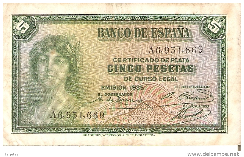 BILLETE DE ESPAÑA DE 5 PTAS DEL AÑO 1935 CALIDAD BC SERIE A  (BANKNOTE) - 5 Peseten