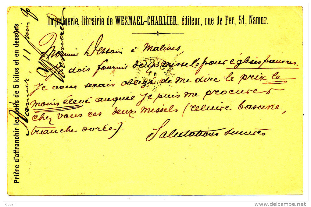 1890 POSTKAART OPDRUK VERSO'.. WESMAEL-CHARLIER' VAN NAMUR(STATION)(1RING ) NAAR MALINES(STATION)(1RING)  ZIE SCAN(S - Briefkaarten 1871-1909