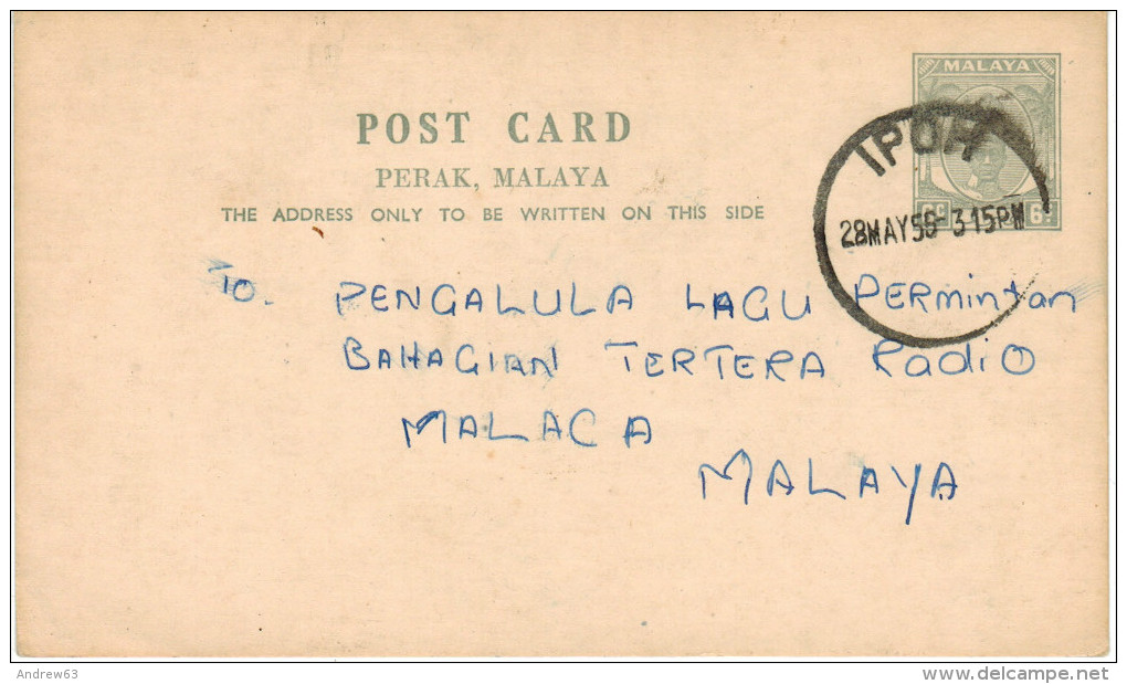 MALESIA - MALAYA - PERAK - 1956 - Post Card - Intero Postale - Entier Postal - Postal Stationery - Viaggiata Da Ipoh ... - Perak