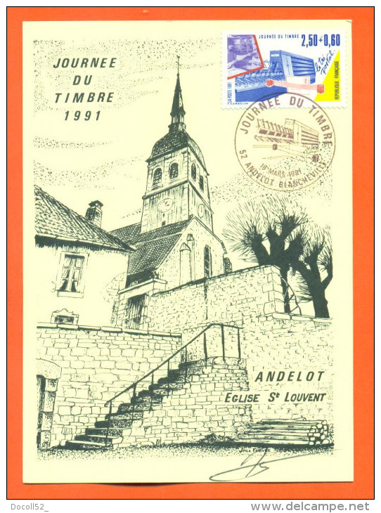 Andelot  "  Journée Du Timbre 1991- Eglise St Louvent "  Carte Maximum 16/03/1991 - Andelot Blancheville