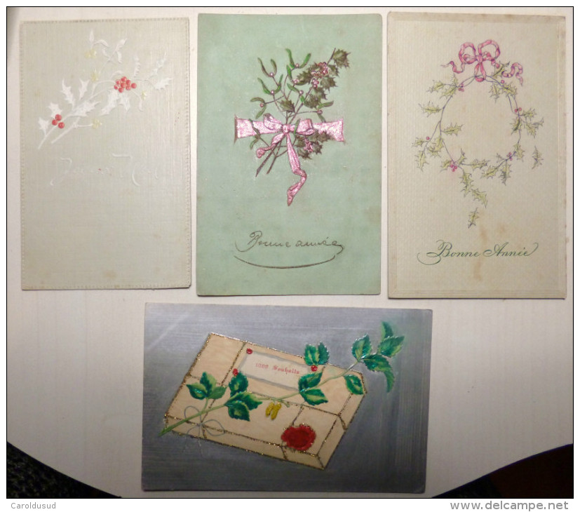 Cpa Precurseur ART NOUVEAU Lot 4x Litho Illustrateur O.P.F. B.K.W.I. HOUX Art Relief Laquée Voyagé 1906 1908 1910 - Collections & Lots