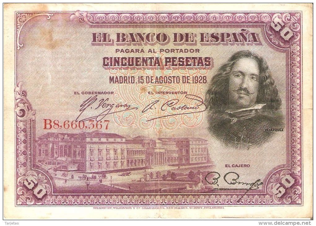 BILLETE DE ESPAÑA DE 50 PTAS DEL AÑO 1928 SERIE B CALIDAD RC (BANKNOTE) - 50 Pesetas