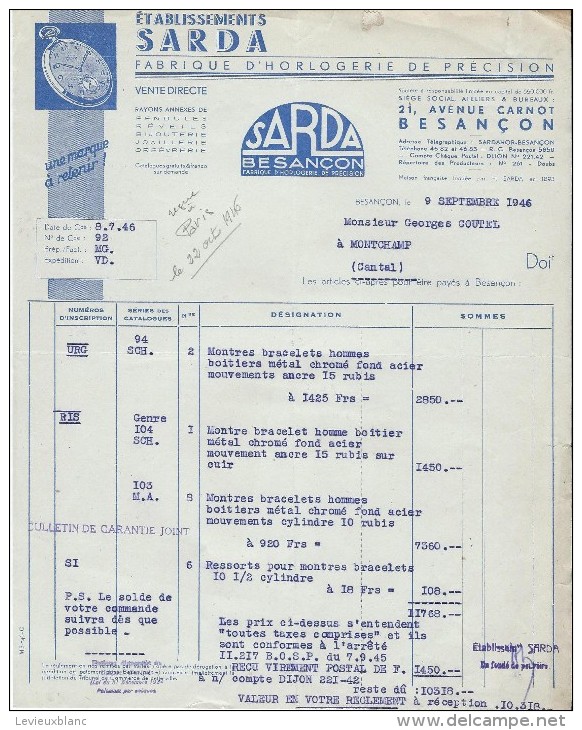 Facture Horlogerie/ Etablissements SARDA/Fabrique D'Horlogerie De Précision/ Besançon//1946    VP686 - Autres & Non Classés