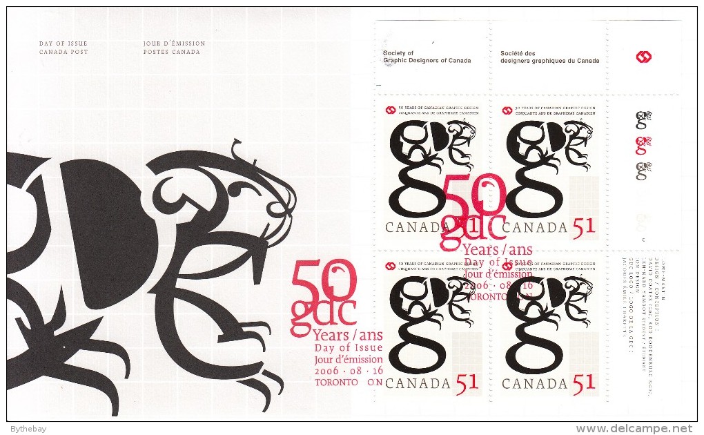 Canada FDC Scott #2167 Upper Right Plate Block 51c Beaver - Society Of Graphic Designers 50th Anniversary - 2001-2010