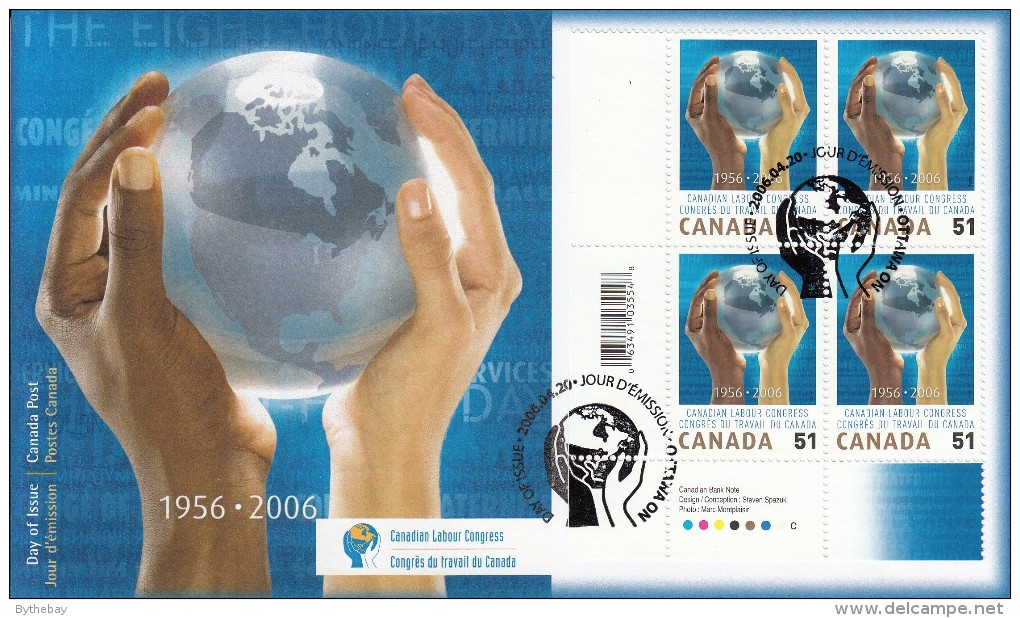 Canada FDC Scott #2149 Lower Left Plate Block With UPC Code 51c Hands Holding Globe - Canadian Labour Congress 50th Ann - 2001-2010