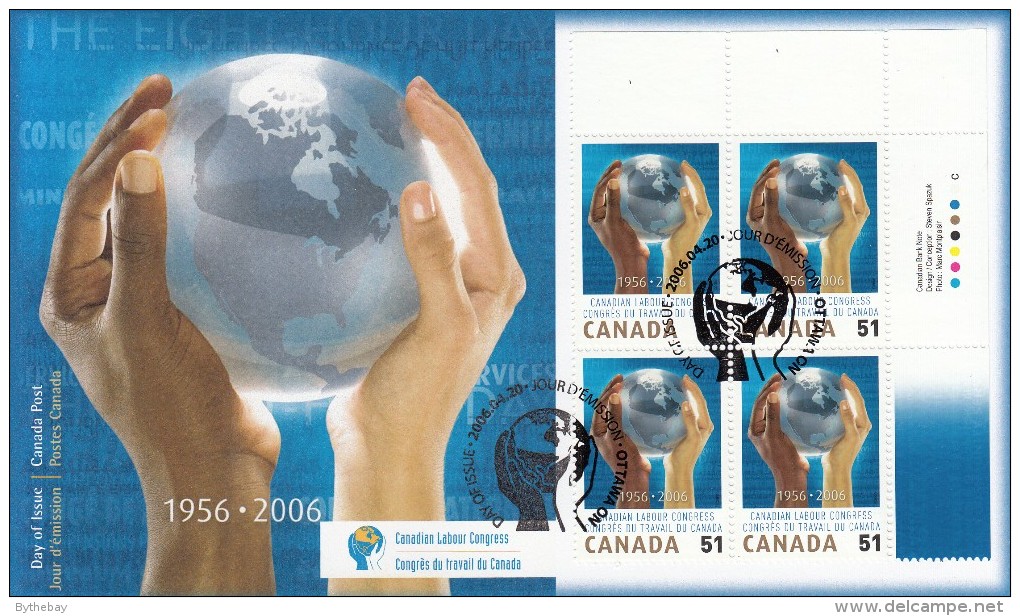 Canada FDC Scott #2149 Upper Right Plate Block 51c Hands Holding Globe - Canadian Labour Congress 50th Ann - 2001-2010