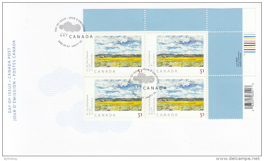 Canada FDC Scott #2147 Upper Right Plate Block With UPC Code 51c 'The Field Of Rapeseed' - Dorothy Knowles - Art Canada - 2001-2010