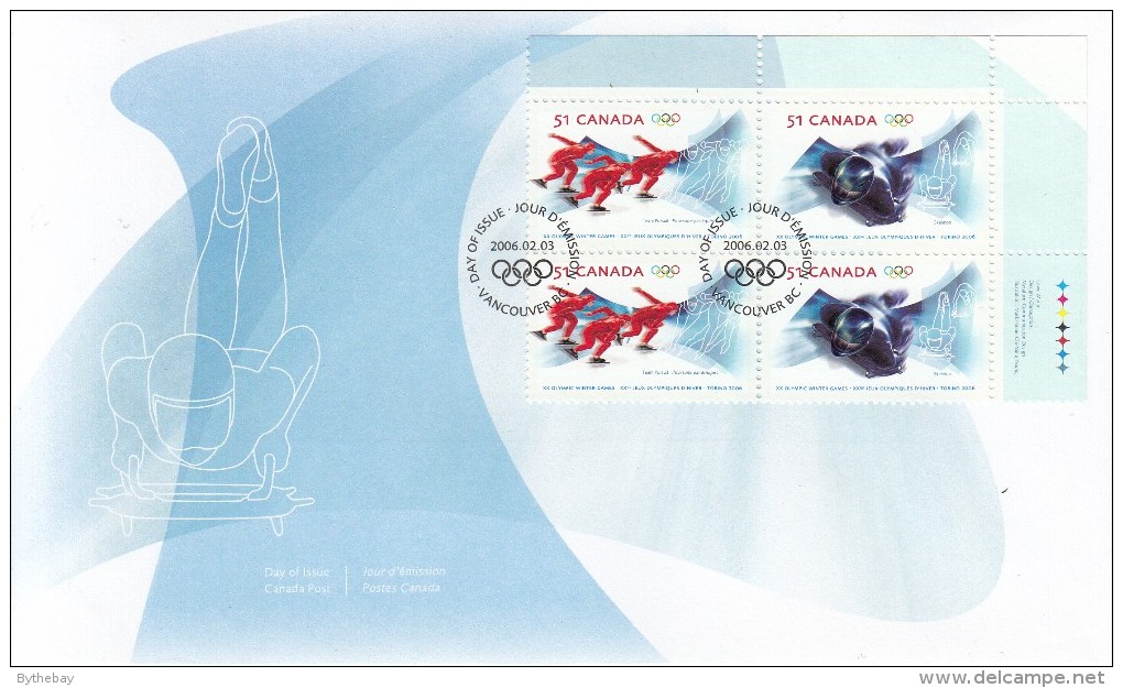 Canada FDC Scott #2144a Upper Right Plate Block Se-tenant Pair 51c Team Pursuit Speed Skating, Skeleton Winter Olympics - 2001-2010