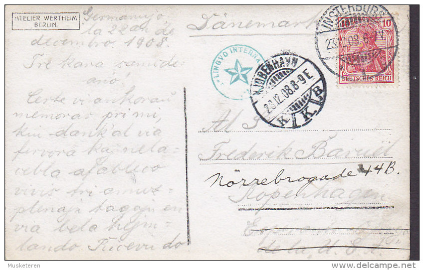 Germany PPC Atelier Wertheim Berlin INSTERBURG 1908 To Denmark LINGVO International ESPERANTO (2 Scans) - Esperanto