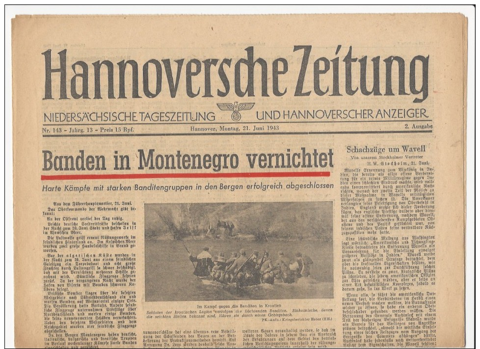 1943 WWII German Newspaper  - Cubital Title Of  MONTENEGRO Crna Gora - Autres & Non Classés