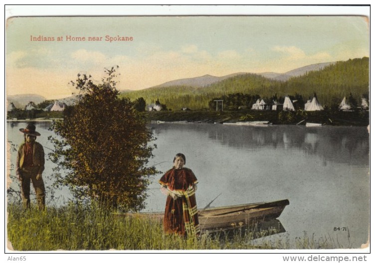 Spokane Washington, Indians At Home Near Spokane, Native Americans Boat Teepees Fashion, C1900s Vintage Postcard - Spokane