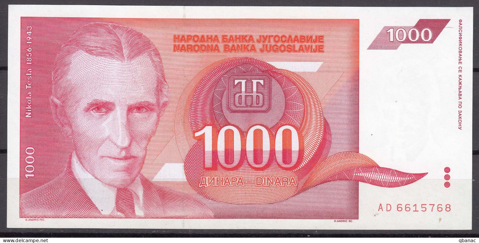 Yugoslavia 1000 Dinara 1992.UNC P-114 - Yugoslavia