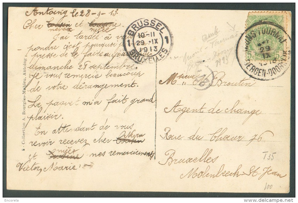N°83  Obl. Sc Ambulant MONS-TOURNAI Sur C.V (Chateau Du Prince De Ligne à Antoing) Du 29 Septembre 1913 Vers Molenbeek - - Ambulants