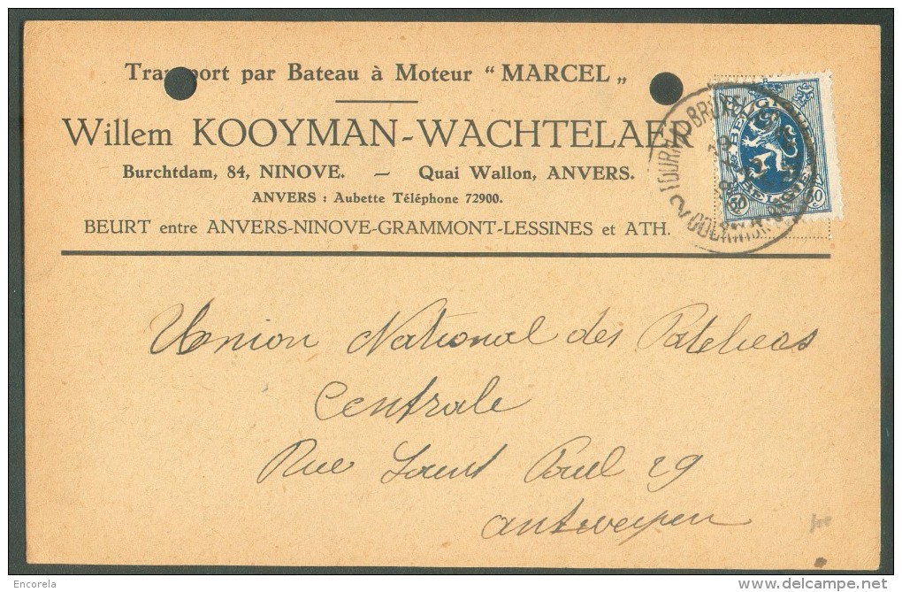 50 Centimes LION  Obl. Ambulant Sc TOURNAI-BRUXELLES DOORNIK-BRUSSEL 2 Sur C. (transport Par Bateau W. Kooyman-Wachtelae - Ambulants