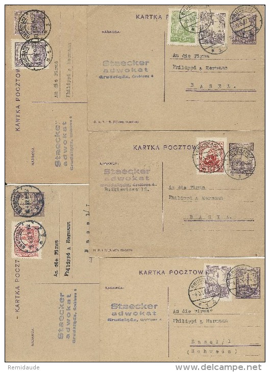 POLOGNE - 1926/28 - LOT De 6 CARTES ENTIERS POSTAUX AVEC 3 MODELES ET AFFR. DIFFERENTS De GRUDZIADZ Pour La SUISSE - Enteros Postales