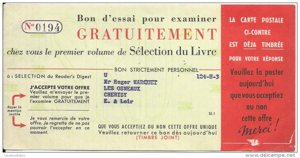 Carte Postale/ Bon D'Essai/ Préaffranchie/ Sélection Du Reader's Digest/Bd Saint Germain/ Paris /Vers 1954 VP701 - Imprimerie & Papeterie