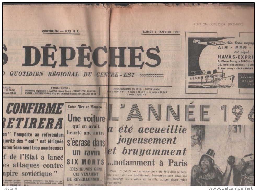 LES DEPECHES 02 01 1961  DIJON - LAOS - MANIFESTATIONS BRUXELLES - PARIS 1er JANVIER - TELECOMUNICATIONS SATELLITES - - 1950 - Nu