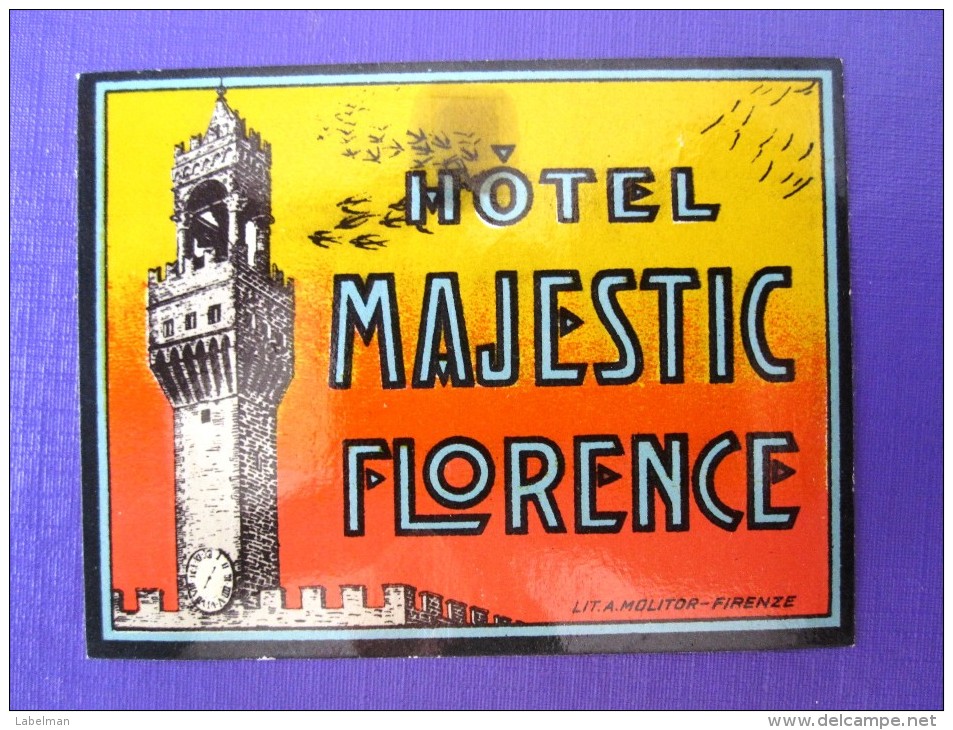 HOTEL ALBERGO MOTEL PENSIONE MAJESTIC SMALL FLORENCE ITALIA ITALY TAG STICKER DECAL LUGGAGE LABEL ETIQUETTE AUFKLEBER - Hotel Labels