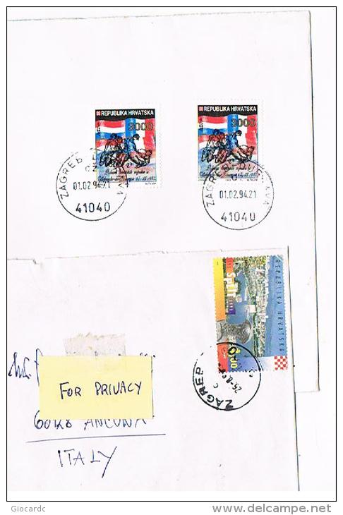 CROAZIA (CROATIA)  - STORIA POSTALE - 1994.1995 LOTTO DI 2 LETTERE DA ZAGABRIA X ITALIA  -  RIF.2255 - Croazia