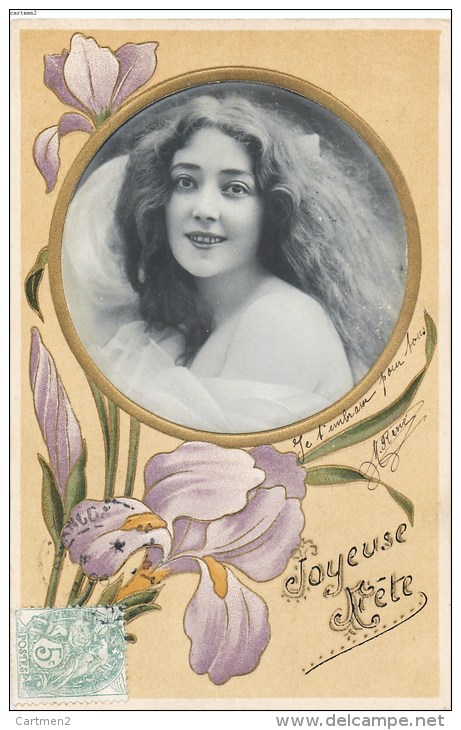 BELLE CPA GAUFREE STYLE ART NOUVEAU : MEDAILLON FEMME COLLAGE PHOTO SURREALISME FLEURS EMBOSSED JOYEUSE FETE 1900 - Avant 1900