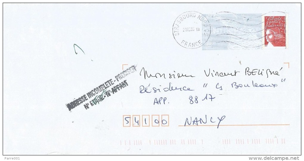 France 2005 Strasbourg PAP Instructional Handstamp ADDRESSE INCOMPLETE PRECISER Cover - PAP: Antwort/Luquet