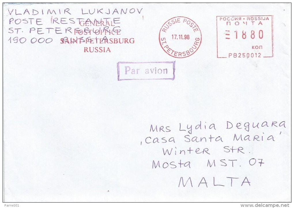 Russia 1998 St Petersbourg Post Office Meter Franking Pitney Bowes-GB “A900” PB250012 EMA Cover - Macchine Per Obliterare (EMA)