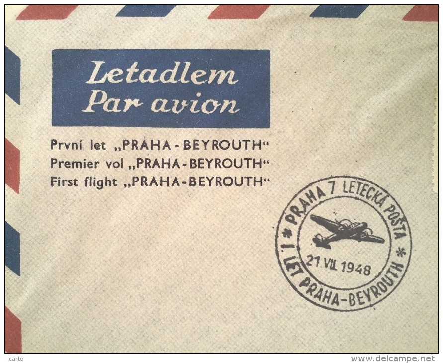 First Flight Cover Premier Vol Prvni Let PRAHA PRAGUE BEYROUTH 21 VII 1948 - Luchtpost