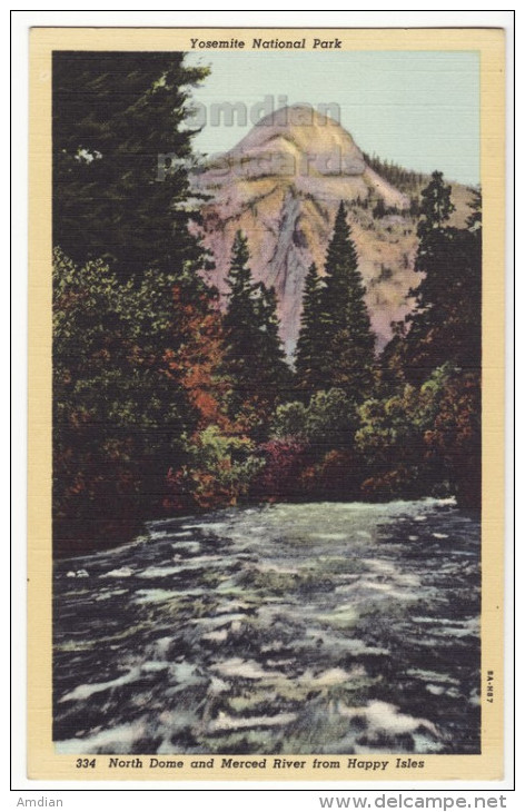 USA, YOSEMITE NATIONAL PARK CA~NORTH DOME-MERCED RIVER View From HAPPY ISLES~c1940s Unused Vintage California Postcard - USA National Parks