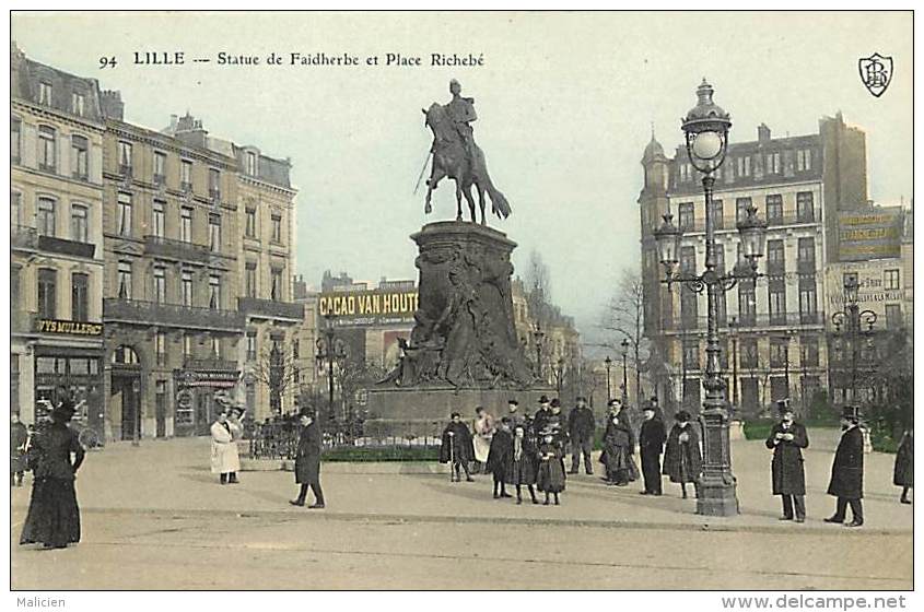 Dept Div- Nord  - Ref W114  - Lille - Statue De Faidherbe Et Place Richebe - Carte Colorisee - - Lille