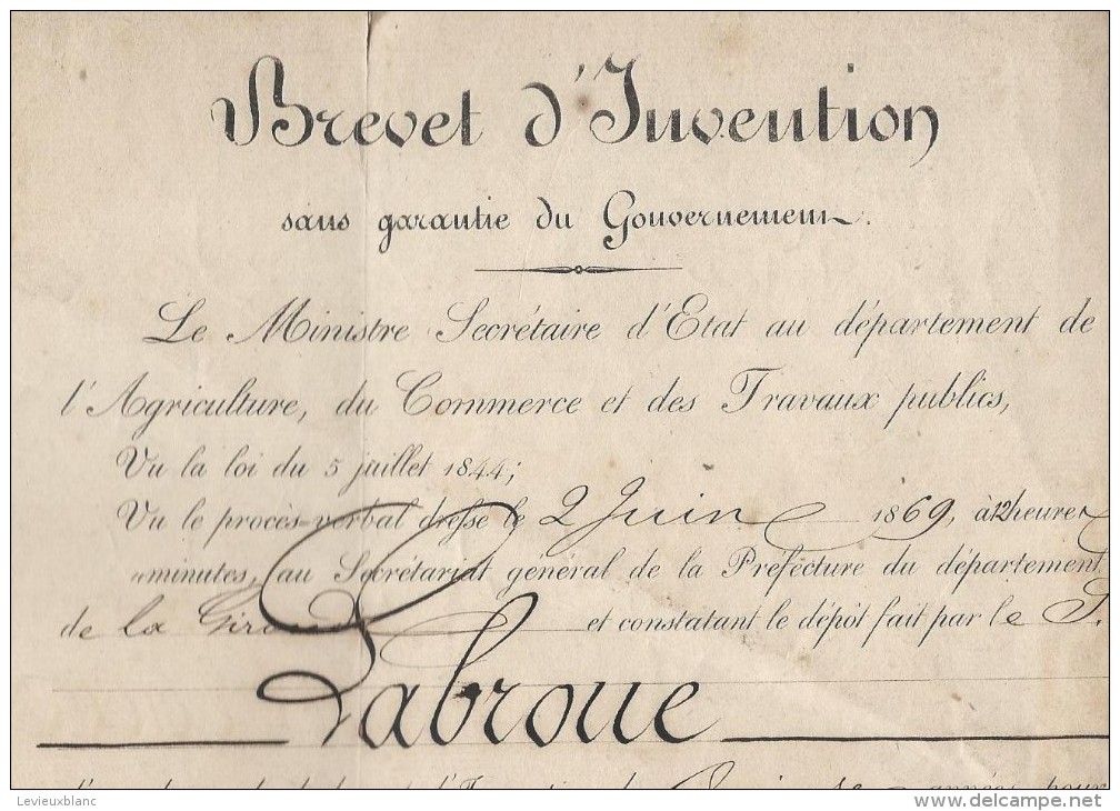 Brevet D´Invention De 15 Ans/Garniture Métallique De Locomotives à Vapeur/Labroue/Bordeaux/1 869  DIP20 - Diplome Und Schulzeugnisse