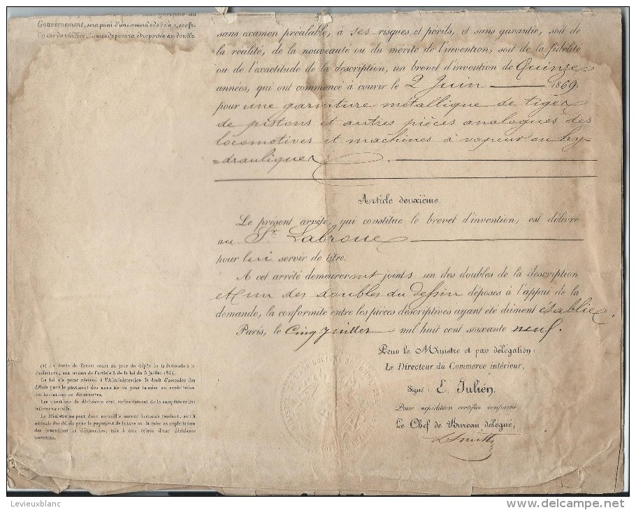 Brevet D´Invention De 15 Ans/Garniture Métallique De Locomotives à Vapeur/Labroue/Bordeaux/1 869  DIP20 - Diplome Und Schulzeugnisse