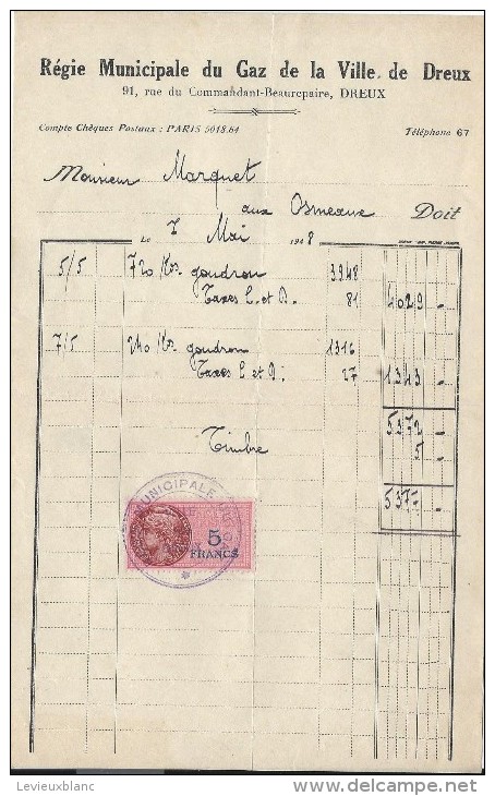 Régie Municipale Du Gaz De La Ville De Dreux / Eure Et Loir/Facture/1948  GEF57 - Electricité & Gaz