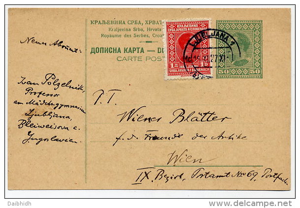YUGOSLAVIA 1927 50 Pa.. Postcard, Used With Added Stamp For Foreign Rate.  Michel P62 - Postwaardestukken