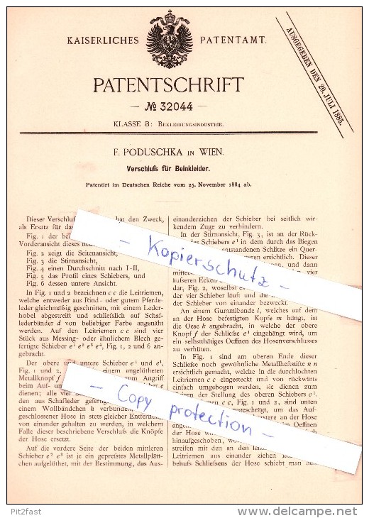 Original Patent  - F. Poduschka In Wien , 1884 ,  Verschluß Für Beinkleider !!! - Chemisettes & Culottes