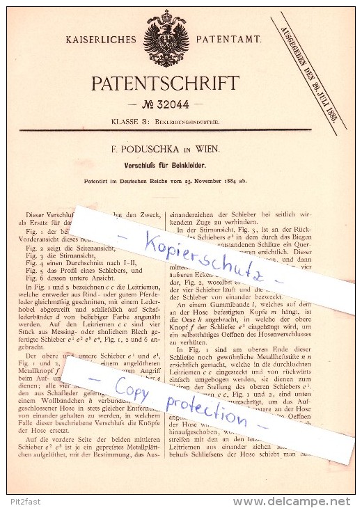 Original Patent  - F. Poduschka In Wien , 1884 ,  Verschluß Für Beinkleider !!! - Biancheria Intima
